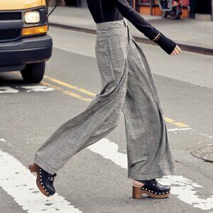 Free People Tailored Wide Leg Check Trousers